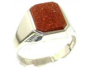 Gents Solid 925 Sterling Silver Cabochon Goldstone Mens Mans Signet Ring, Made in England   Size 12.5   Finger Sizes 6 to 13 Available