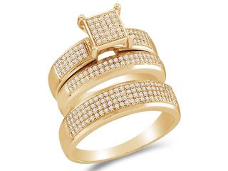 10K Yellow Gold Diamond Trio 3 Ring His & Hers Set   Square Princess Shape Center Setting w/ Micro Pave Set Round Diamonds   (.63 cttw, G H, SI2)   SEE "OVERVIEW" TO CHOOSE BOTH SIZES