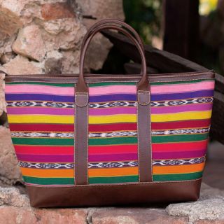 Cotton Leather Accent Rainbow Voyages Tote Bag (Guatemala