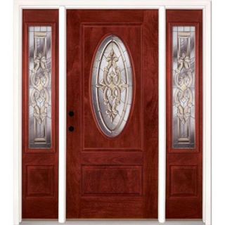 Feather River Doors 67.5 in. x 81.625 in. Silverdale Zinc 3/4 Oval Lite Stained Cherry Mahogany Fiberglass Prehung Front Door with Sidelites 712595 3B3