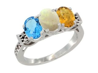 10K White Gold Natural Swiss Blue Topaz, Opal & Whisky Quartz Ring 3 Stone Oval 7x5 mm Diamond Accent, sizes 5   10