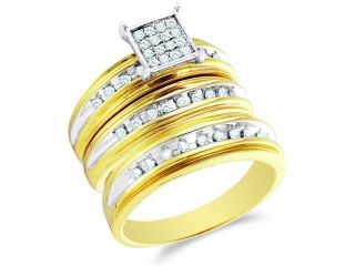 10K Two Tone Gold Diamond Trio 3 Ring His & Hers Set   Square Princess Shape Center Setting w/ Micro Pave Set Round Diamonds   (2/5 cttw, G H, SI2)   SEE "OVERVIEW" TO CHOOSE BOTH SIZES