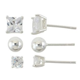 Sterling Silver 3 Pair Cubic Zirconia and Ball Stud Earring Set