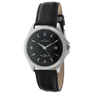 Peugeot Mens 296BK Round Black Calender Date Dial Black Leather Watch