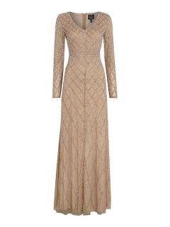 Adrianna Papell Long sleeved beaded gown Taupe