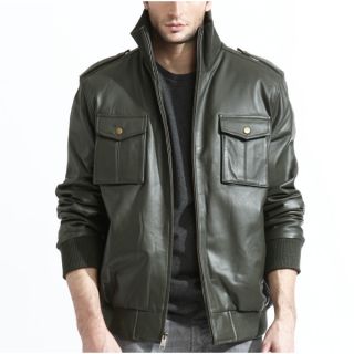 Mens Olive Lambskin Leather Bomber Jacket with Knit Trim   17439676