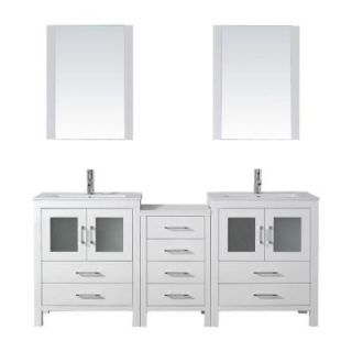 Virtu USA Dior 74 in. W x 18.3 in. D x 33.48 in. H White Vanity With Ceramic Vanity Top With White Square Basin and Mirror KD 70074 C WH