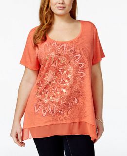 Style & Co. Plus Size Embellished Print Short Sleeve Top, Only at 