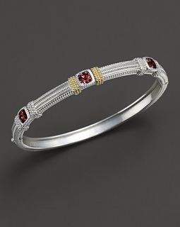 Judith Ripka Sterling Silver and 18K Gold 3 Stone Bangle in Lab Created Red Corundum