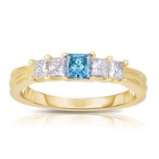 Eloquence 14k Yellow Gold 3/4ct TDW Blue 5 stone Princess cut Diamond