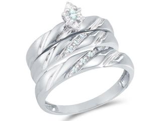 10k White Gold Diamond His & Hers Trio 3 Ring Set   Marquise Shape Center Setting w/ Channel Set Round Diamonds   (.09 cttw, G H, SI2)   SEE "OVERVIEW" TO CHOOSE BOTH SIZES