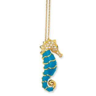 Gold plated Sterling Silver Enameled CZ Seahorse Necklace   18 Inch