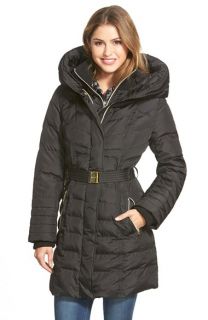 kensie Belted Hooded Down & Feather Fill Coat