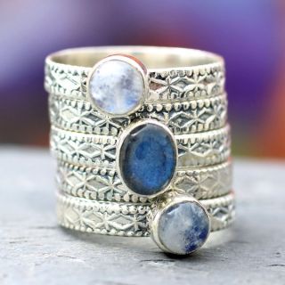 Set of 3 Sterling Silver Love Foretold Lapis Lazuli Rings (India)