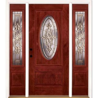 Feather River Doors 67.5 in. x 81.625 in. Silverdale Brass 3/4 Oval Lite Stained Cherry Mahogany Fiberglass Prehung Front Door w/ Sidelites 711591 3B3