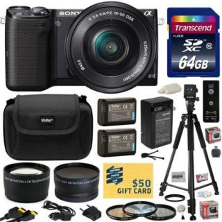 Sony NEX 5 Mirrorless Compact Interchangeable Lens Digital Camera with 16 50mm Power Zoom Lens (Black) with 64GB Card, x2 NP FW50, Charger, Tripod, 3 PC Filter, 2.2x Lens, .43x Fisheye Lens and More