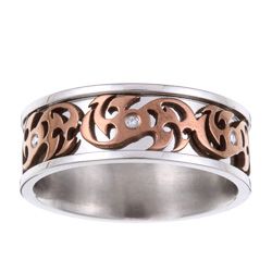 Stainless Steel Diamond Accent Brown Scrollwork Band  