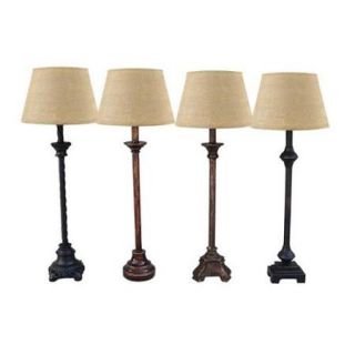 Set of 4 Distressed Black and Brown Buffet Lamps with Burlap Drum Shades