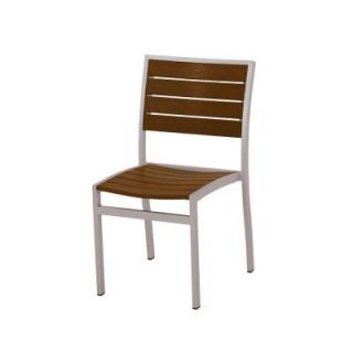 POLYWOOD Euro Textured Silver Patio Dining Side Chair with Teak Slats A100FASTE