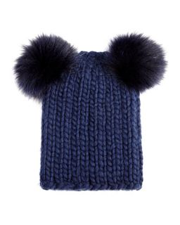 Eugenia Kim Mimi Knit Hat with Fur Pompoms, Navy