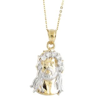 14k Two Tone Forward Facing Jesus Pendant with CZ Gemstones and Chain
