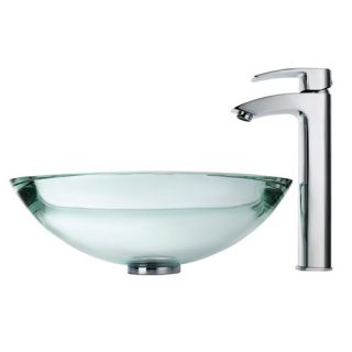 Clear Glass 34 mm Edge Vessel Sink and Visio Bathroom Faucet in Chrome
