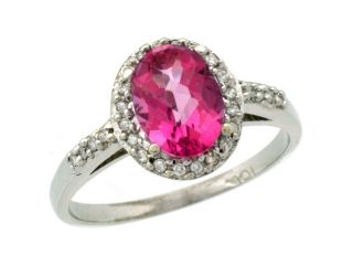 14k White Gold Diamond Pink Topaz Ring Oval Stone 8x6 mm 1.17 ct 3/8 inch wide, sizes 5 10