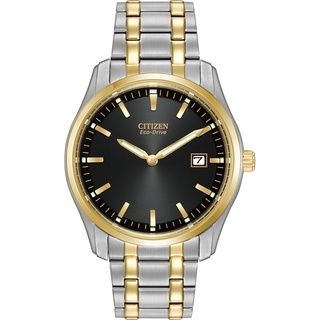 Citizen Mens Eco Drive Two tone Stainless Steel Black Dial Watch