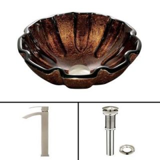 Vigo Glass Vessel Sink in Walnut Shell and Duris Faucet Set in Brushed Nickel VGT419