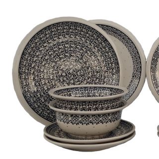 Black and White 12 Piece Dinner Set by Pottery Avenue by Pangaea Trade