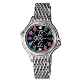 Fendi Womens Crazy Carats Black Crystal Dial Stainless Steel Watch