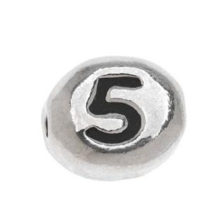 Lead Free Pewter Alphabet Bead, Number '5' 8x7mm Oval, 1 Piece, Antiqued Silver