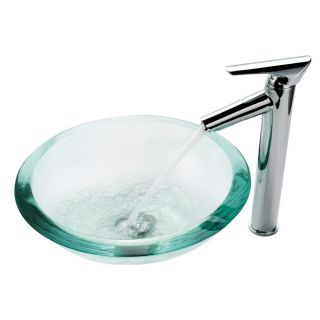 Clear Glass 34 mm Edge Vessel Sink and Decus Bathroom Faucet in Chrome