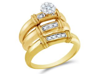 10K Yellow and White Two Tone Gold Diamond His & Hers Trio Ring Set   Flower Shape Center Setting w/ Channel Set Round Diamonds   (1/4 cttw, G H, SI2)   SEE "OVERVIEW" TO CHOOSE BOTH SIZES