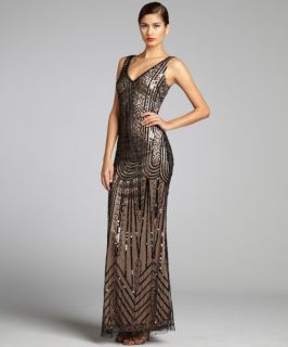 Aidan Mattox Black And Nude Mesh Sequined Bead Embellished Gown (323127201)