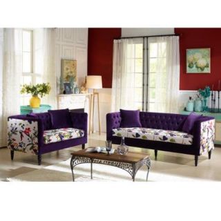 Flynn French Inspired Purple Velvet And Calico Upholstered Loveseat And Sofa Set
