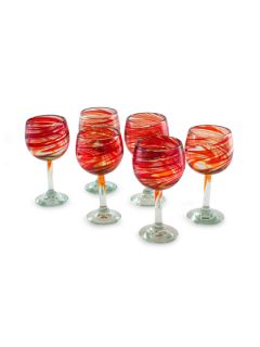 Blown Wine Glasses, Crimson Serpentines (Set of 6) by Novica
