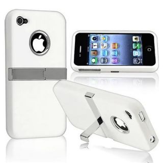 Insten Snap on Rubber Coated Case For Apple iPhone 4 / 4S , White with Chrome Stand