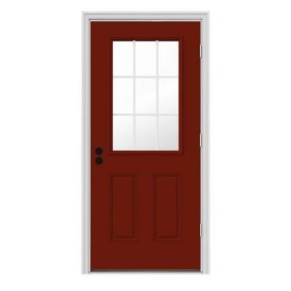 JELD WEN 34 in. x 80 in. 9 Lite Mesa Red Painted with White Interior Premium Steel Prehung Front Door with Brickmould THDJW184600113
