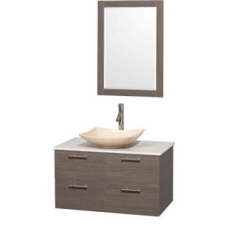 Wyndham Collection Amare 36 in. Vanity in Gray Oak with Solid Surface Vanity Top in White, Marble Sink and 24 in. Mirror WCR410036SGOWSGS5M24