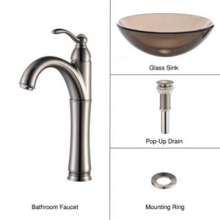 KRAUS Glass Vessel Sink in Clear Brown with Single Hole 1 Handle High Arc Riviera Faucet in Satin Nickel C GV 103 12mm 1005SN