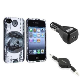 Insten Hundred Dollar Hard Hybrid Cover Case+Car Charger+AUX Cord For iPhone 4 4G 4S