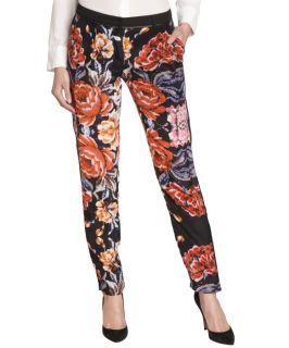 Greylin Black And Red 'paloma' Tapestry Silk Leather Detail Pants (323600401)