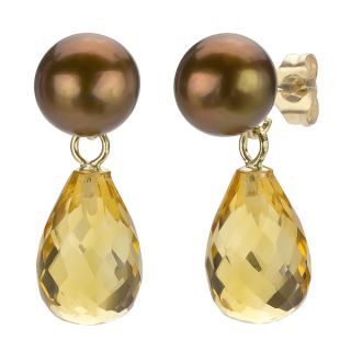 DaVonna 14k Gold Brown FW Pearl and Citrine Drop Earrings (6 6.5 mm)