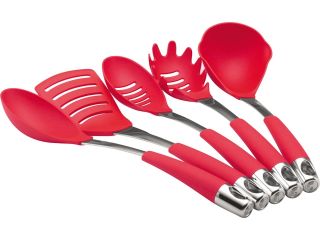 Circulon 56655 Kitchen Utensils 5 Piece Tool Set: Ladle Pasta Fork Slotted Spoon Solid Spoon Slotted Turner, Red
