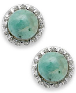 Green Emerald (8mm) and Diamond Accent Stud Earrings in 14k White and