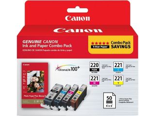 Canon Canon PGI 220 & CLI 221, Cartridge 220, Cartridge 221 (2945B011) Ink and Paper Combo Pack Black / Cyan / Magenta / Yellow