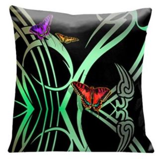 Lama Kasso 12 Butterflies with Green Art Deco Accents on a Black Background 18 inch Square Satin Pillow