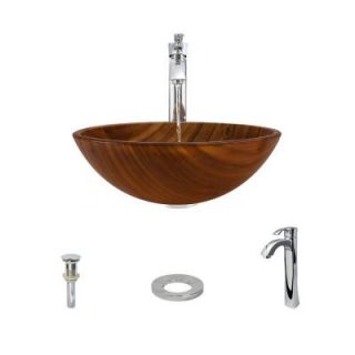 MR Direct Glass Vessel Sink in Wood Grain with 726 Faucet and Pop Up Drain in Chrome 628 726 C ENS