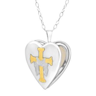 Heart Locket with Shroud Cross Sterling Silver and 18kt Gold Plated Pendant, 18"